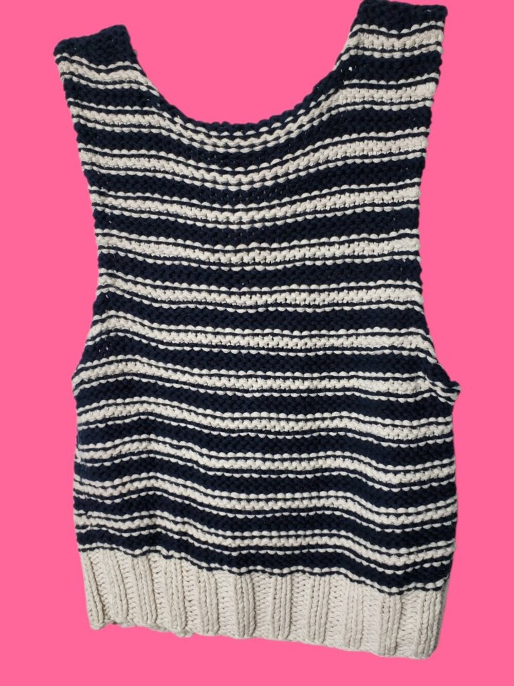 Wallace Vtg Womens Striped Crochet Knit Button Vest Navy & Beige Small - Picture 2 of 8